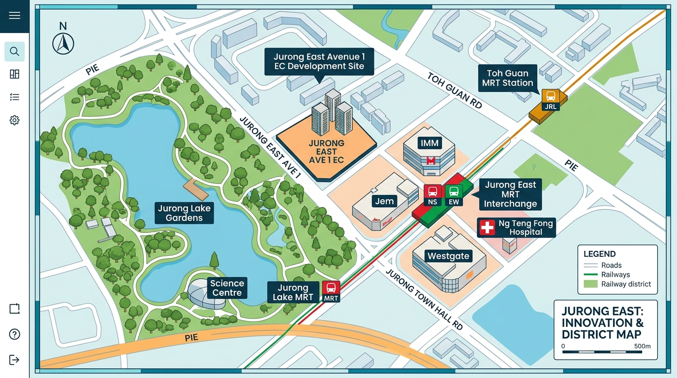 Jurong East Ave 1 EC Location Map showing Toh Guan MRT, Jurong East MRT Interchange, and JLD
