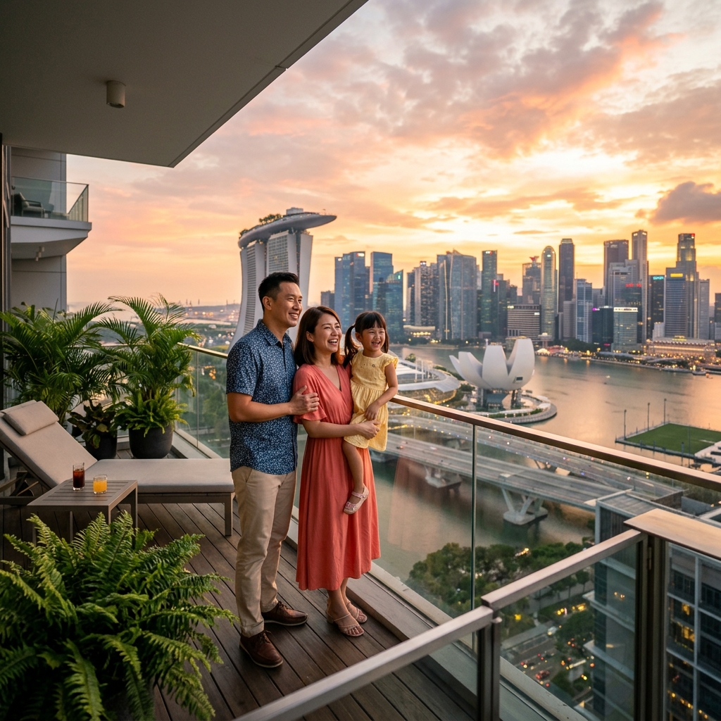 Happy Singaporean Family on Balcony